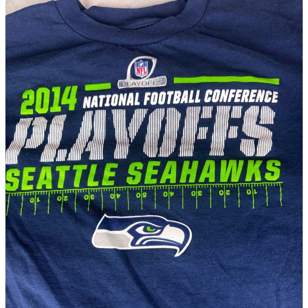 Majestic Seattle Seahawks 2014 NFL Playoffs T Shirt Mens Large Navy Blue NFC